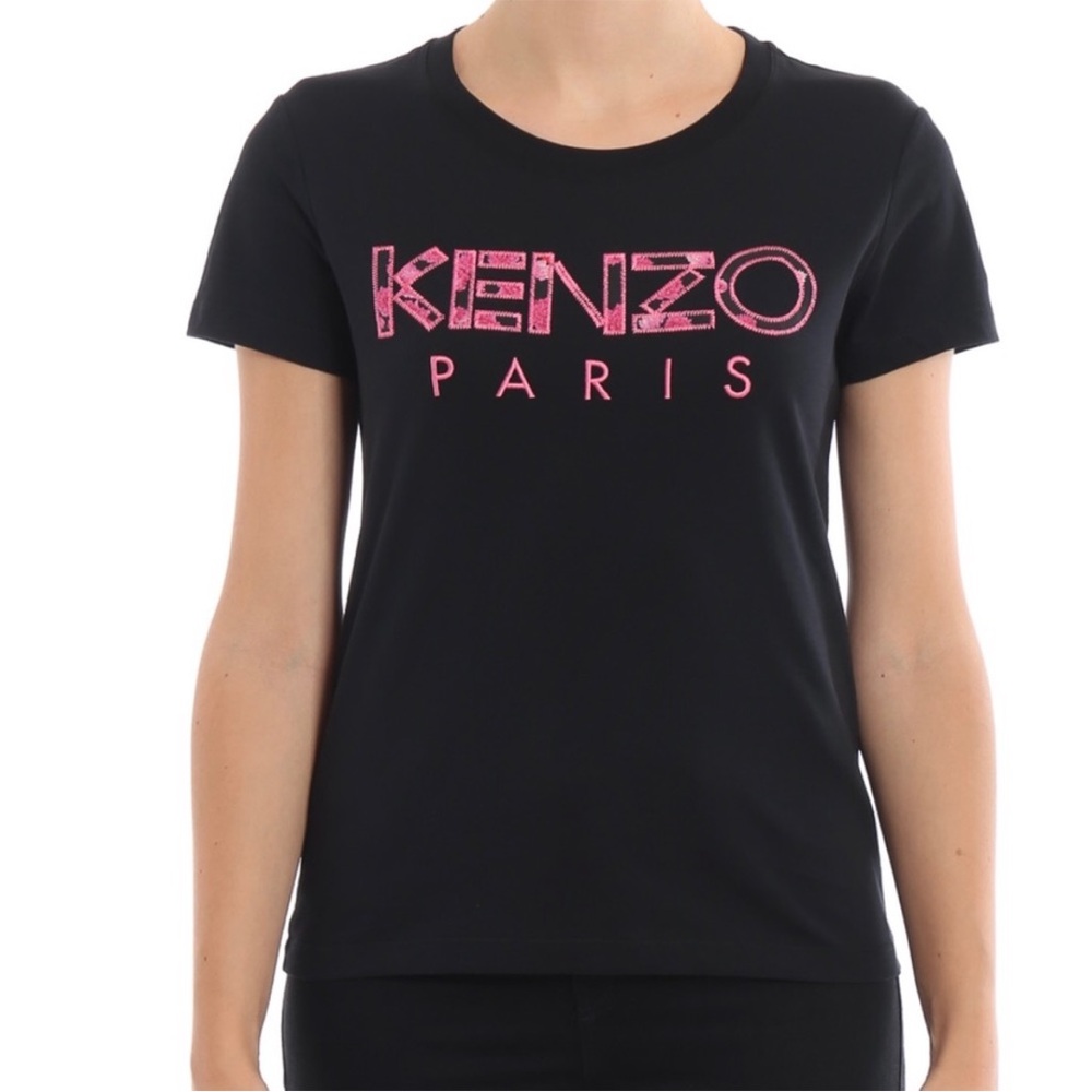 NWT KENZO WOMEN FLOWER LOGO PARIS T-shirt  BLACK SIZE S